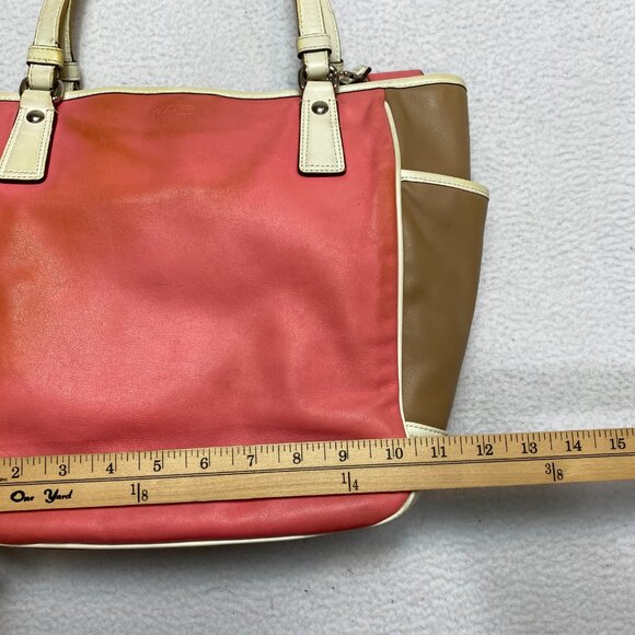 Coach Park Color Block Tote Shoulder Bag Smooth Leather Coral Tan White F23683 - Picture 3 of 13
